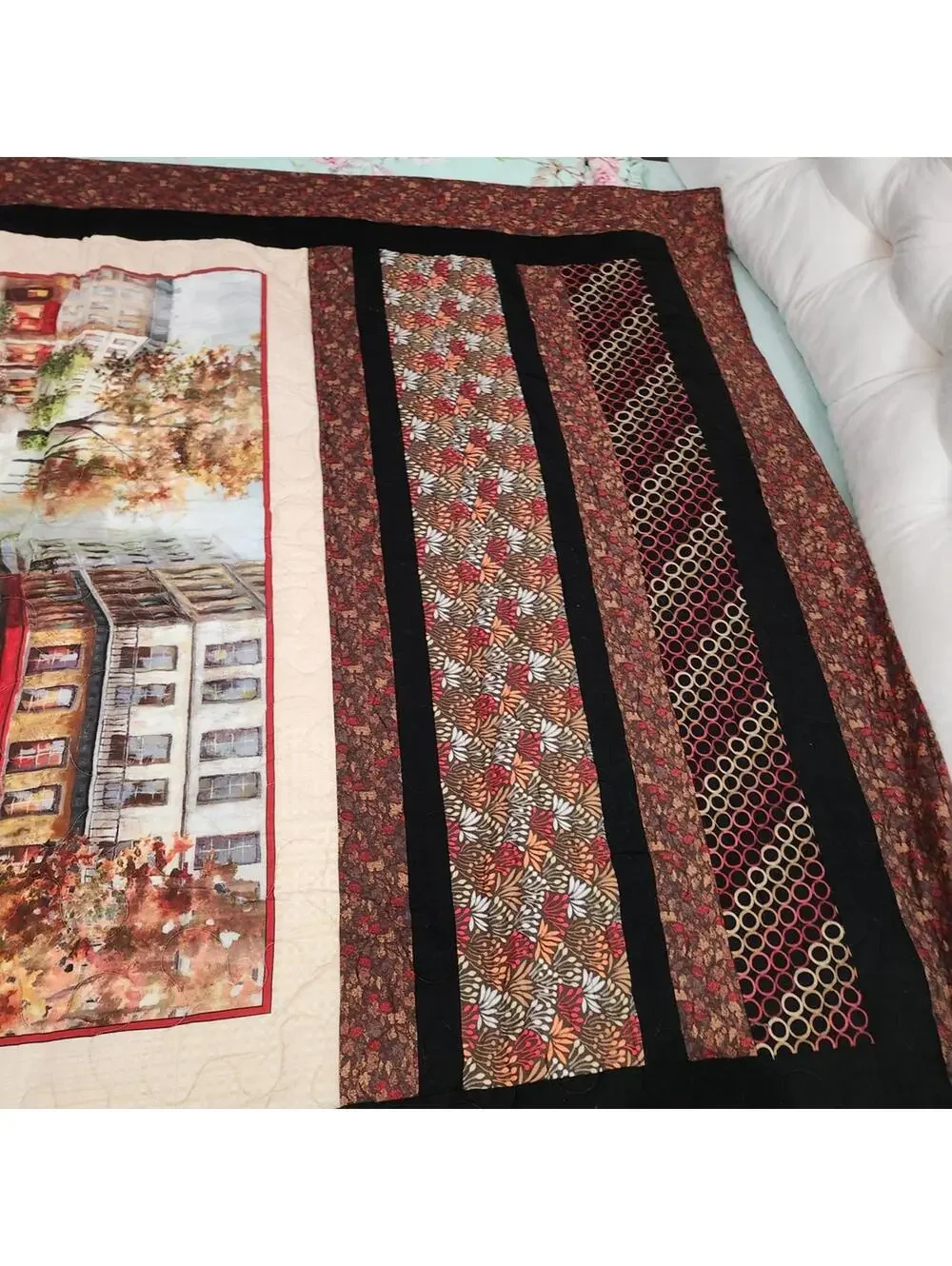 New Beautiful Handcrafted Autumn-Themed Quilt with Parisian Street Scene